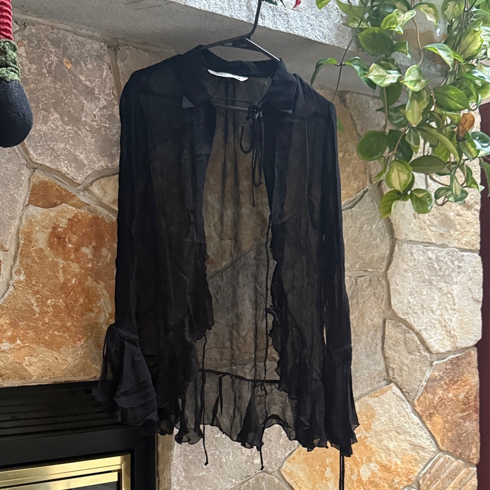 Zara Sheer Black Blouse with Ruffle Details
